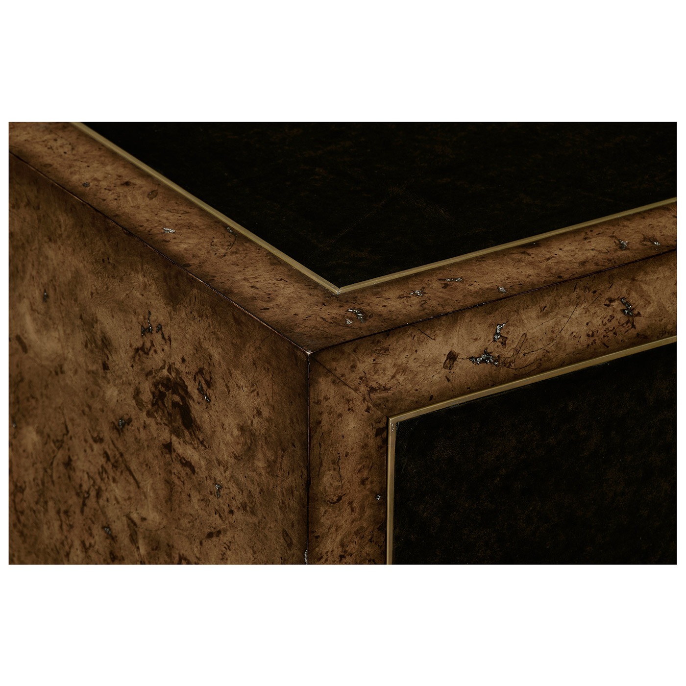 Rustic Burl Oak and Leather Chest of Three Drawers