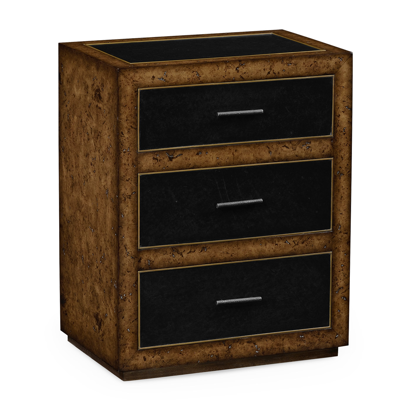 Rustic Burl Oak and Leather Chest of Three Drawers