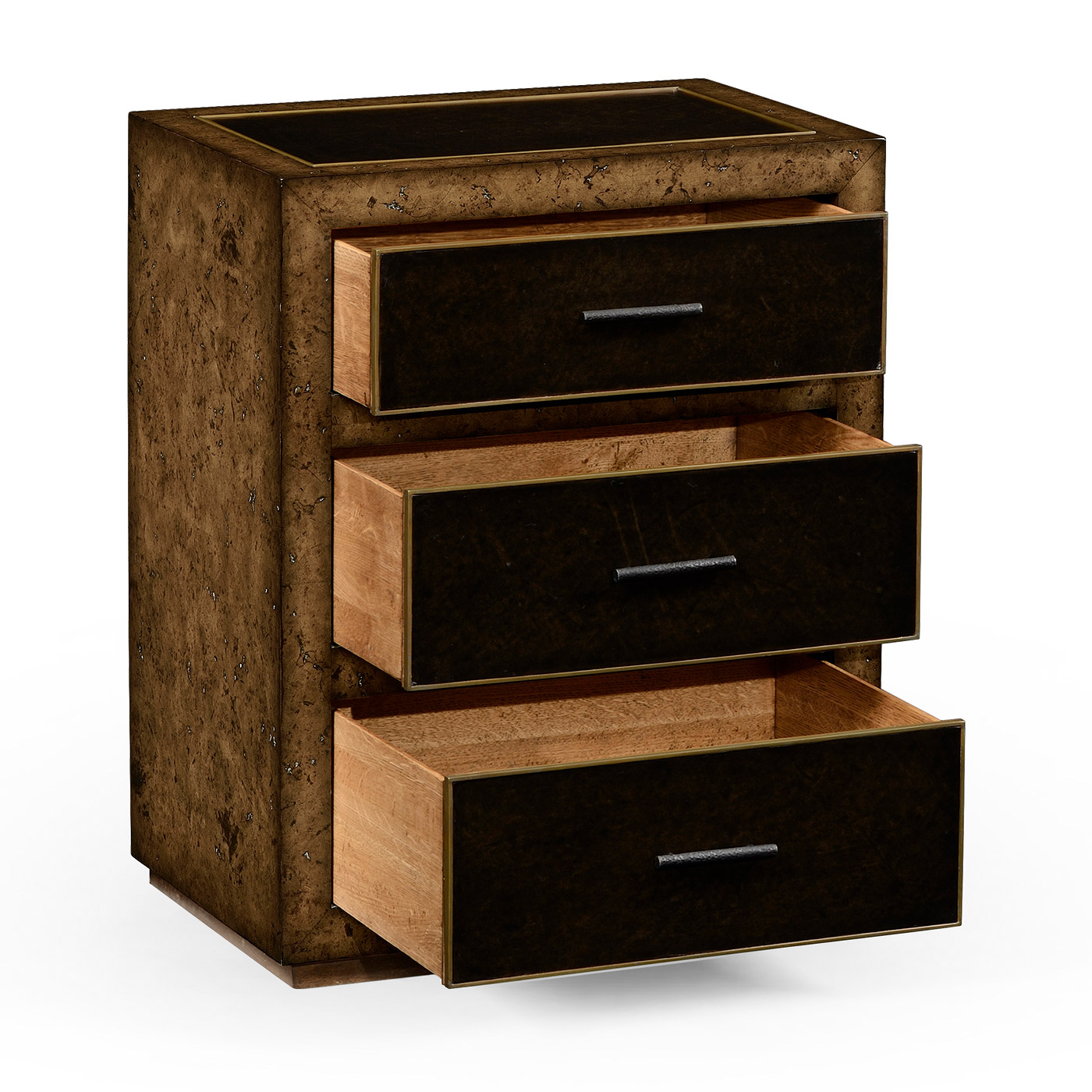 Rustic Burl Oak and Leather Chest of Three Drawers