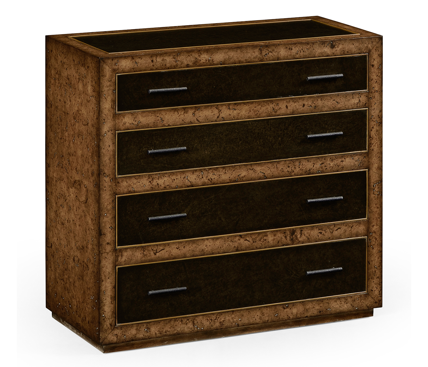 Rustic burl oak and leather chest of four drawers