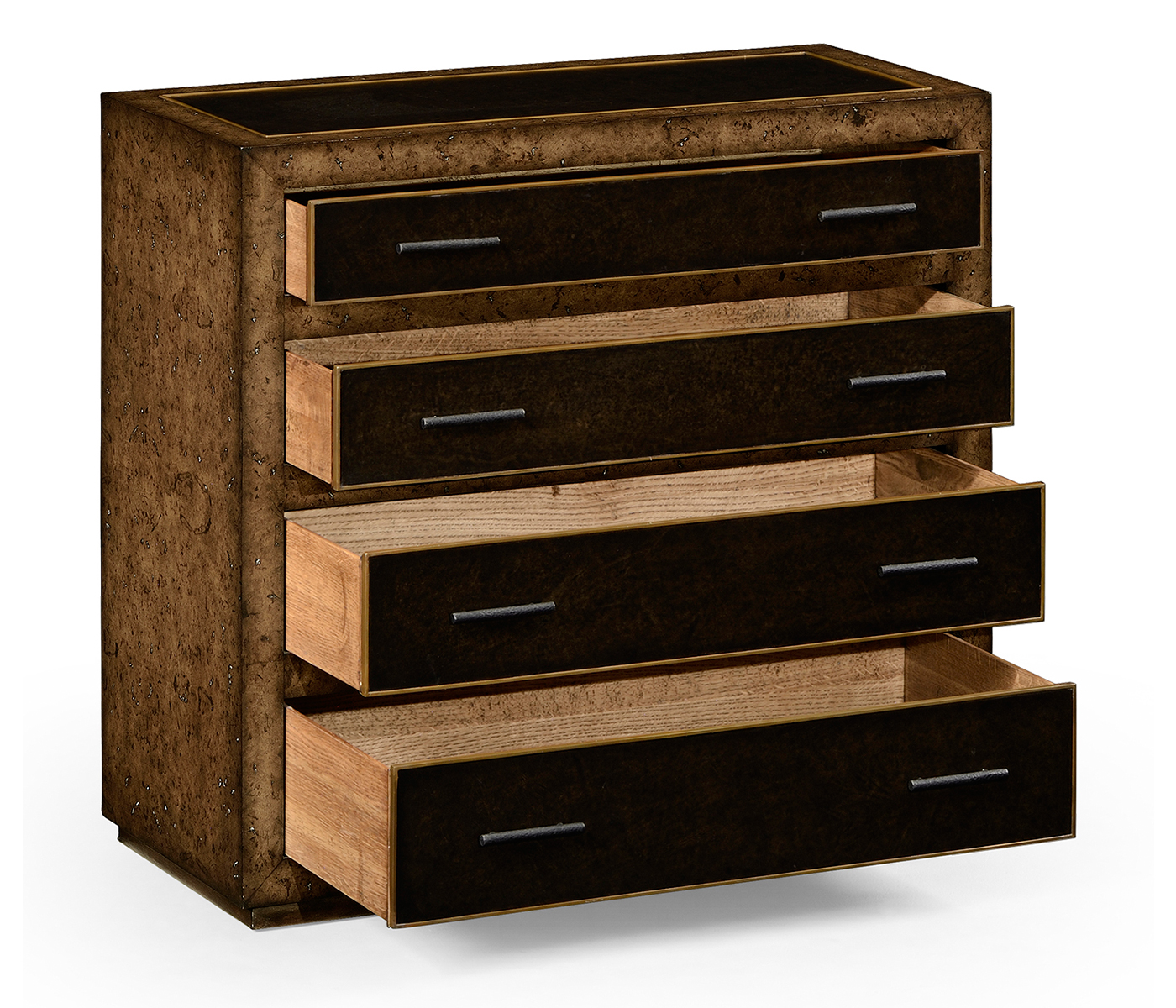 Rustic burl oak and leather chest of four drawers
