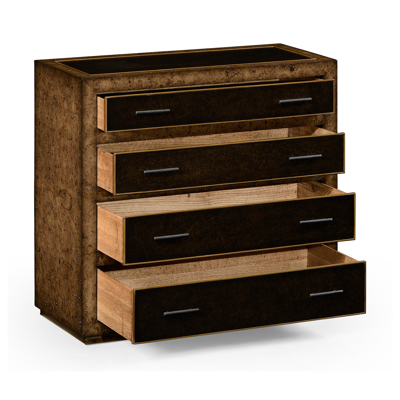 Rustic burl oak and leather chest of four drawers