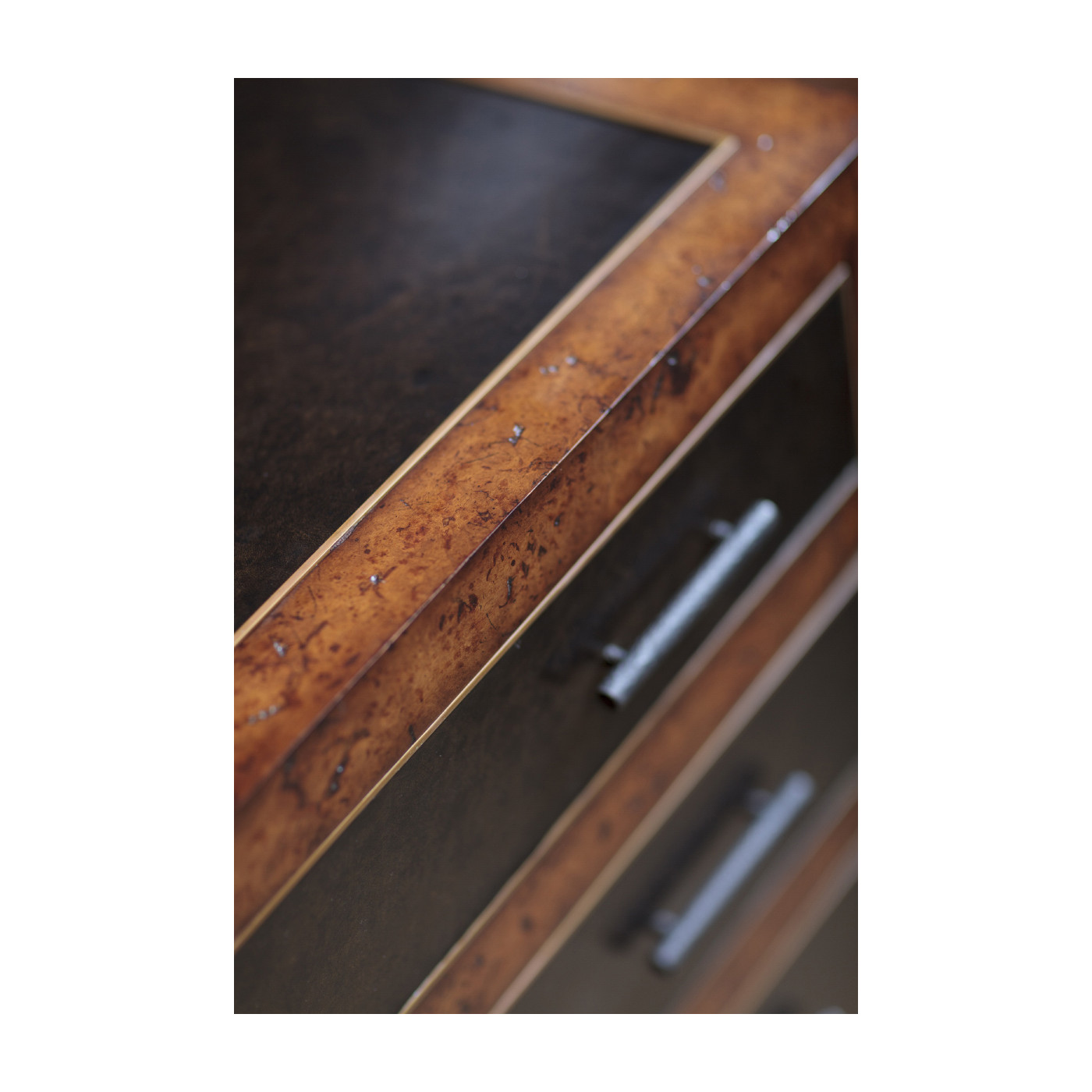 Rustic burl oak and leather chest of four drawers