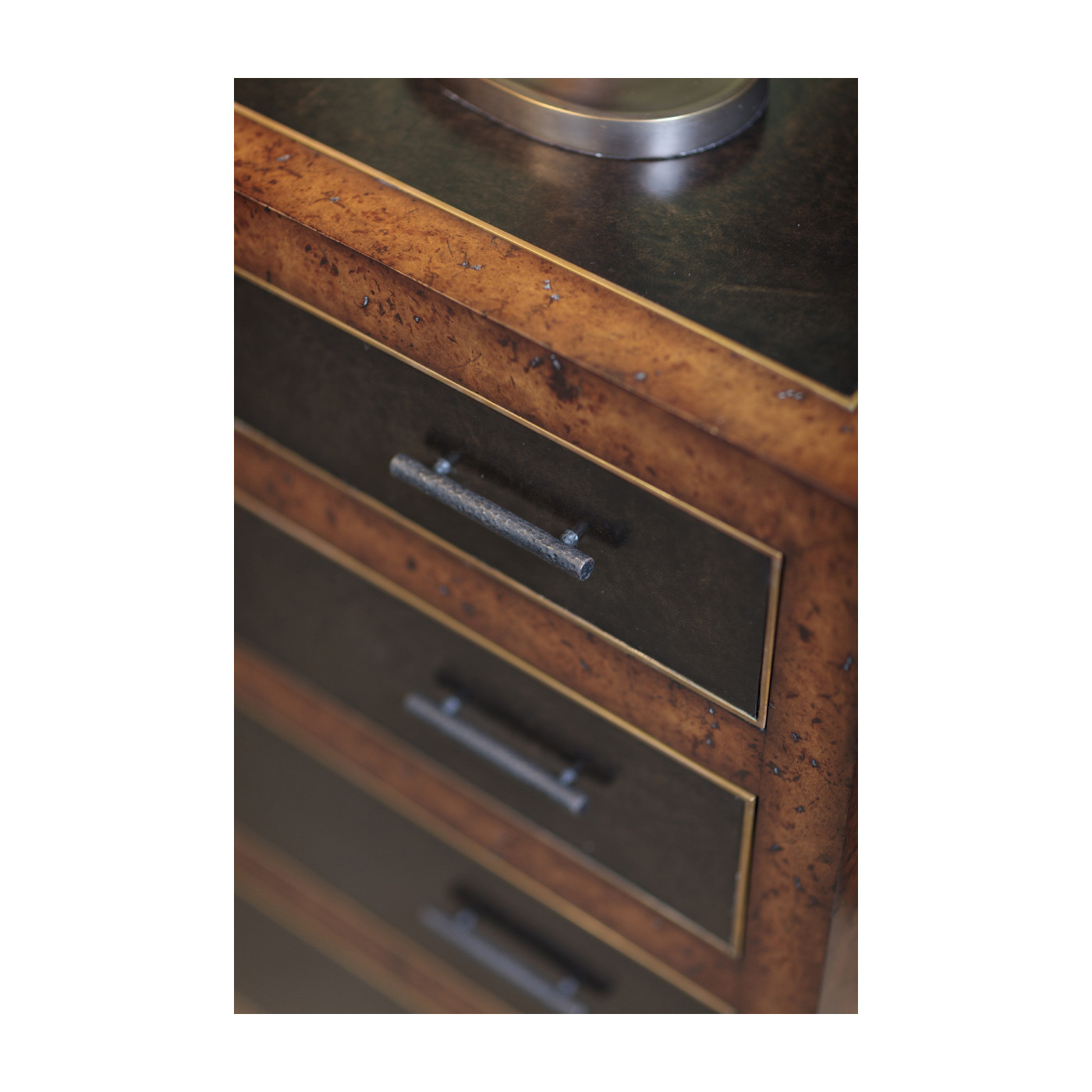 Rustic burl oak and leather chest of four drawers