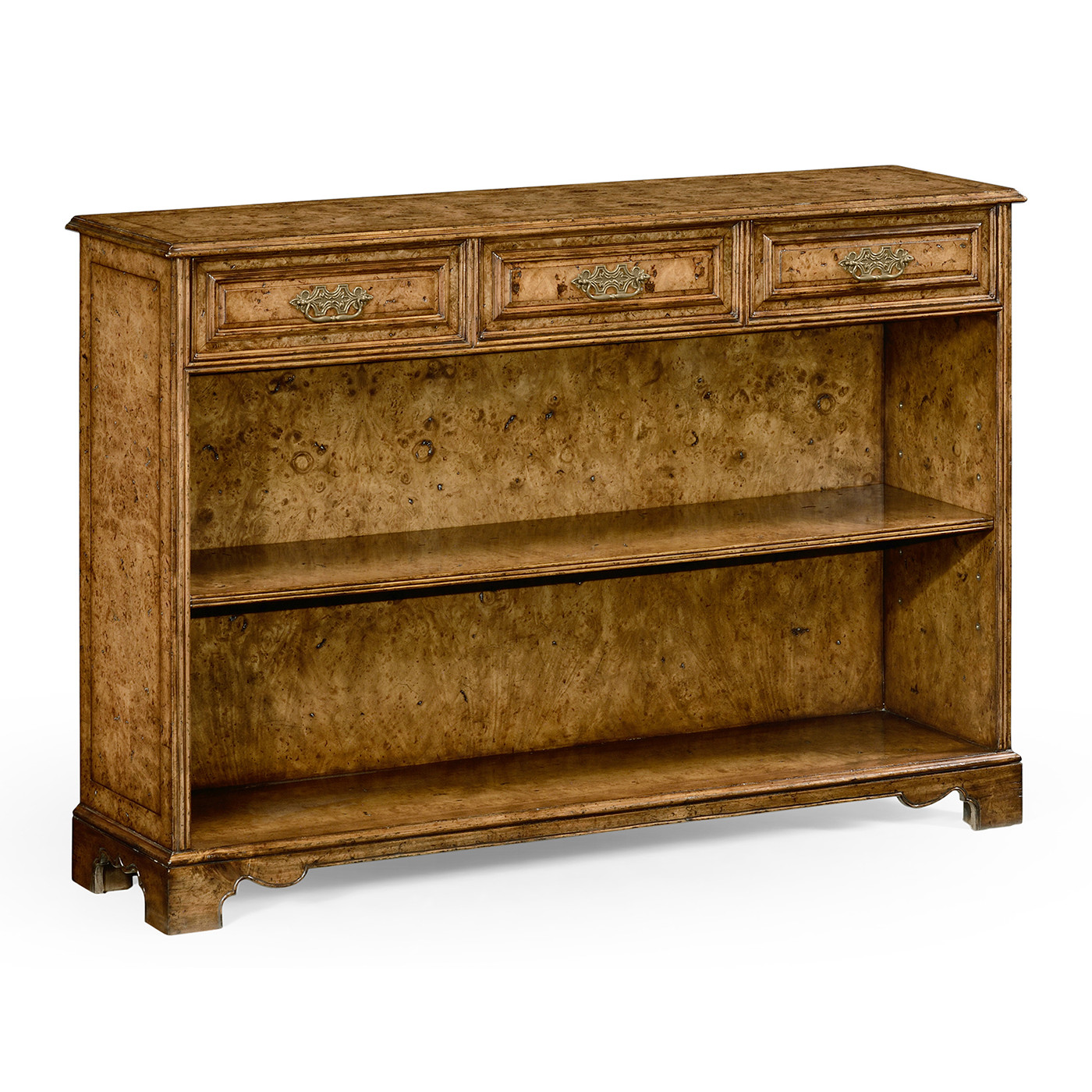 George II style burl oak bookcase with drawers