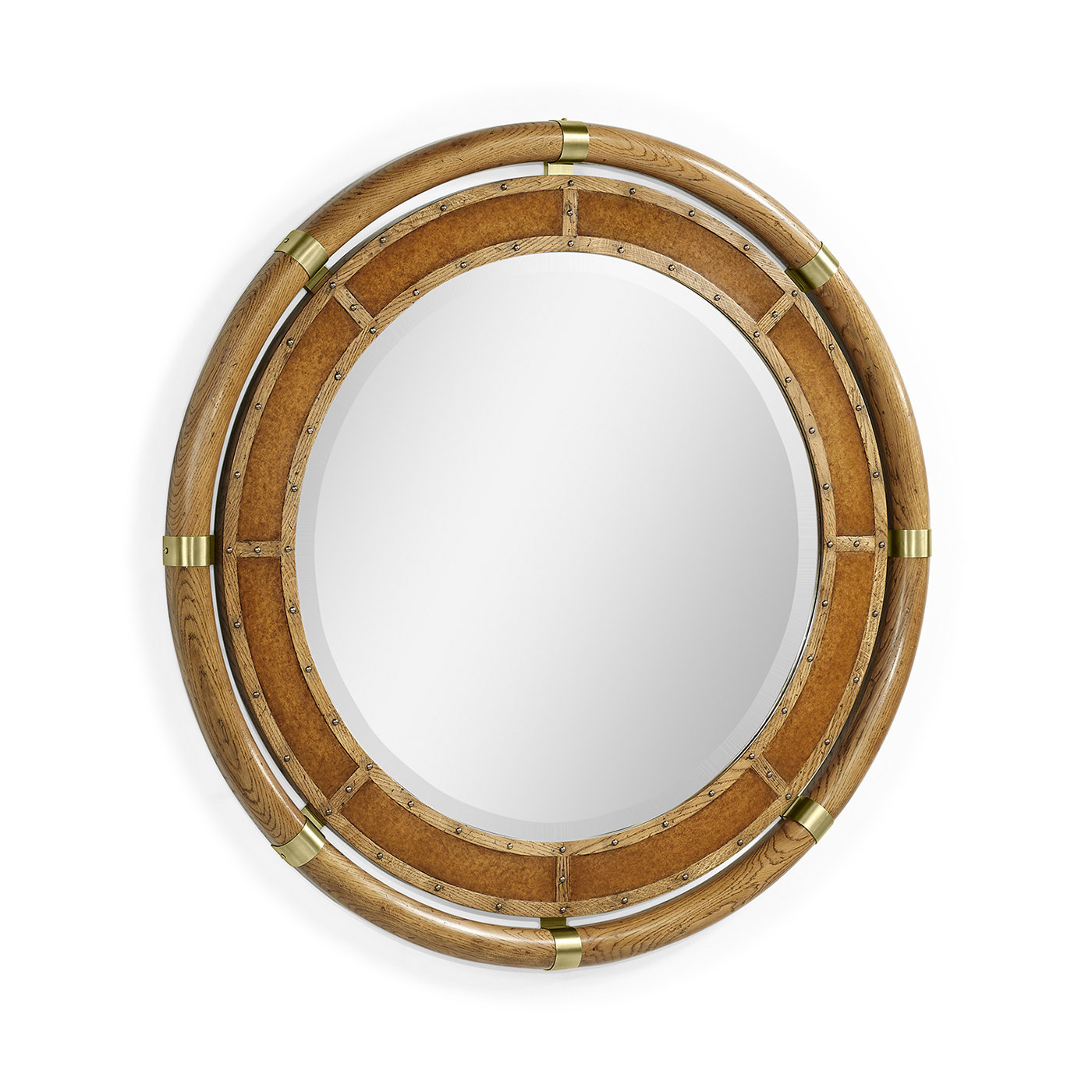 Circular Nautical Style Oak and Leather Mirror