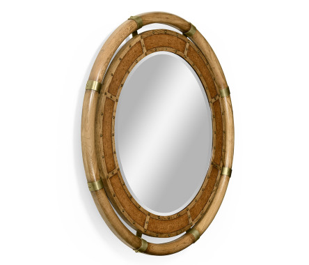 Circular Nautical Style Oak and Leather Mirror