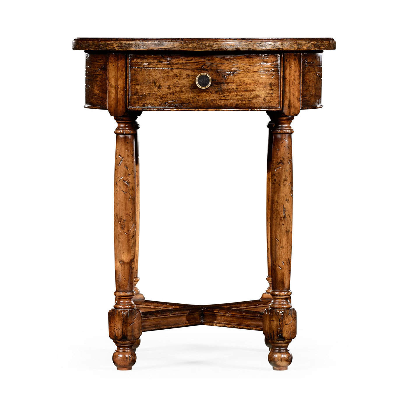 Walnut parquet round side table with contrast inlay