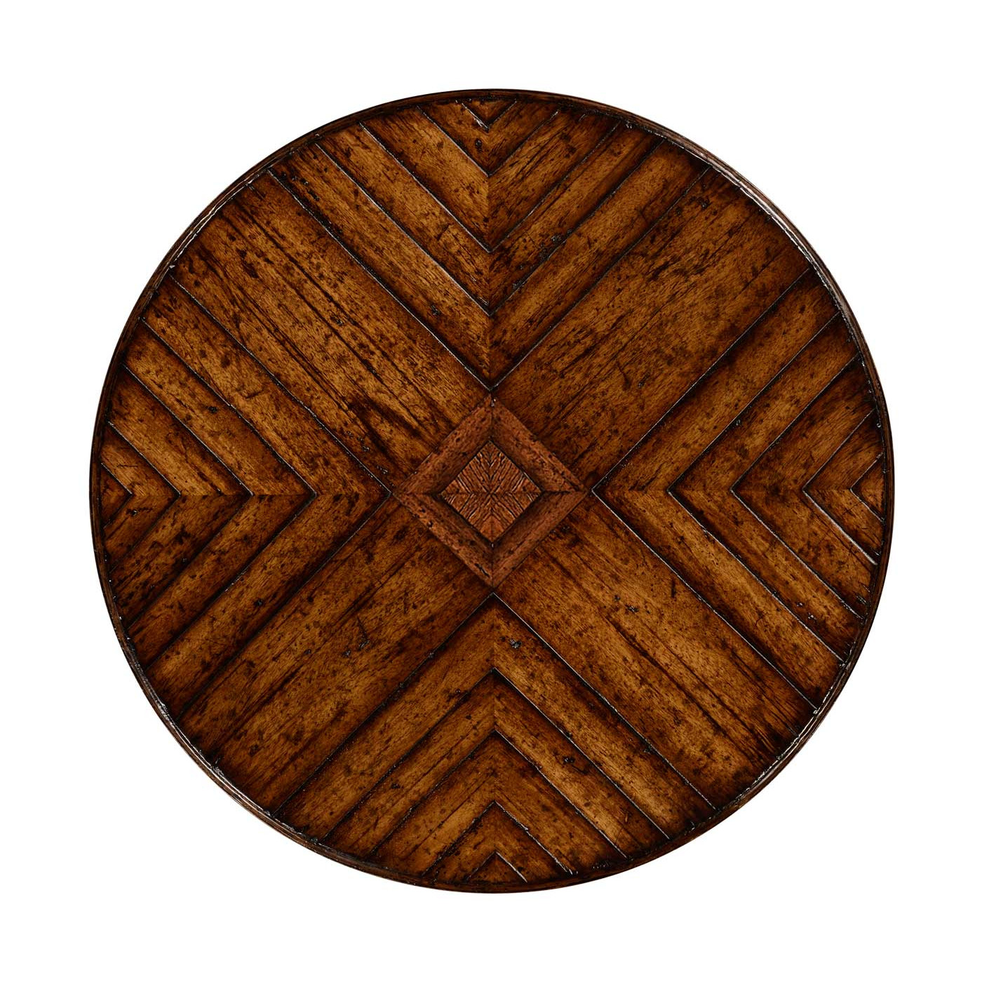 Walnut parquet round side table with contrast inlay