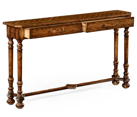 Heavily distressed parquet console with strap handles