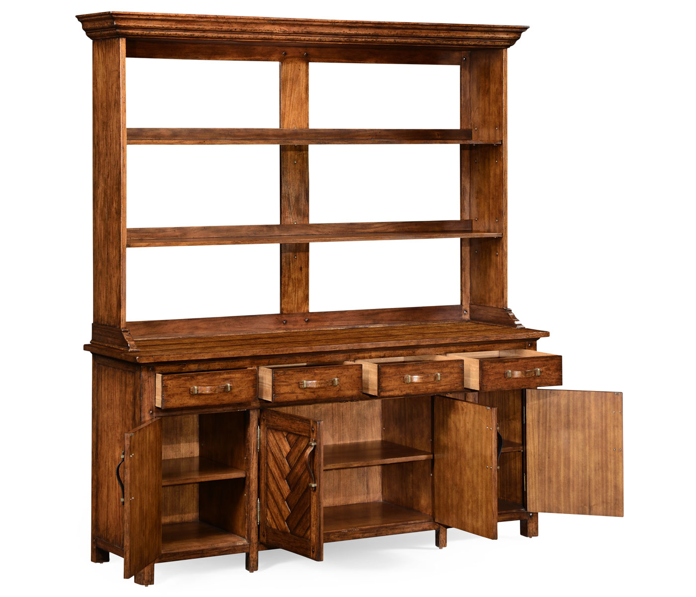 Heavily distressed parquet welsh dresser with strap handles