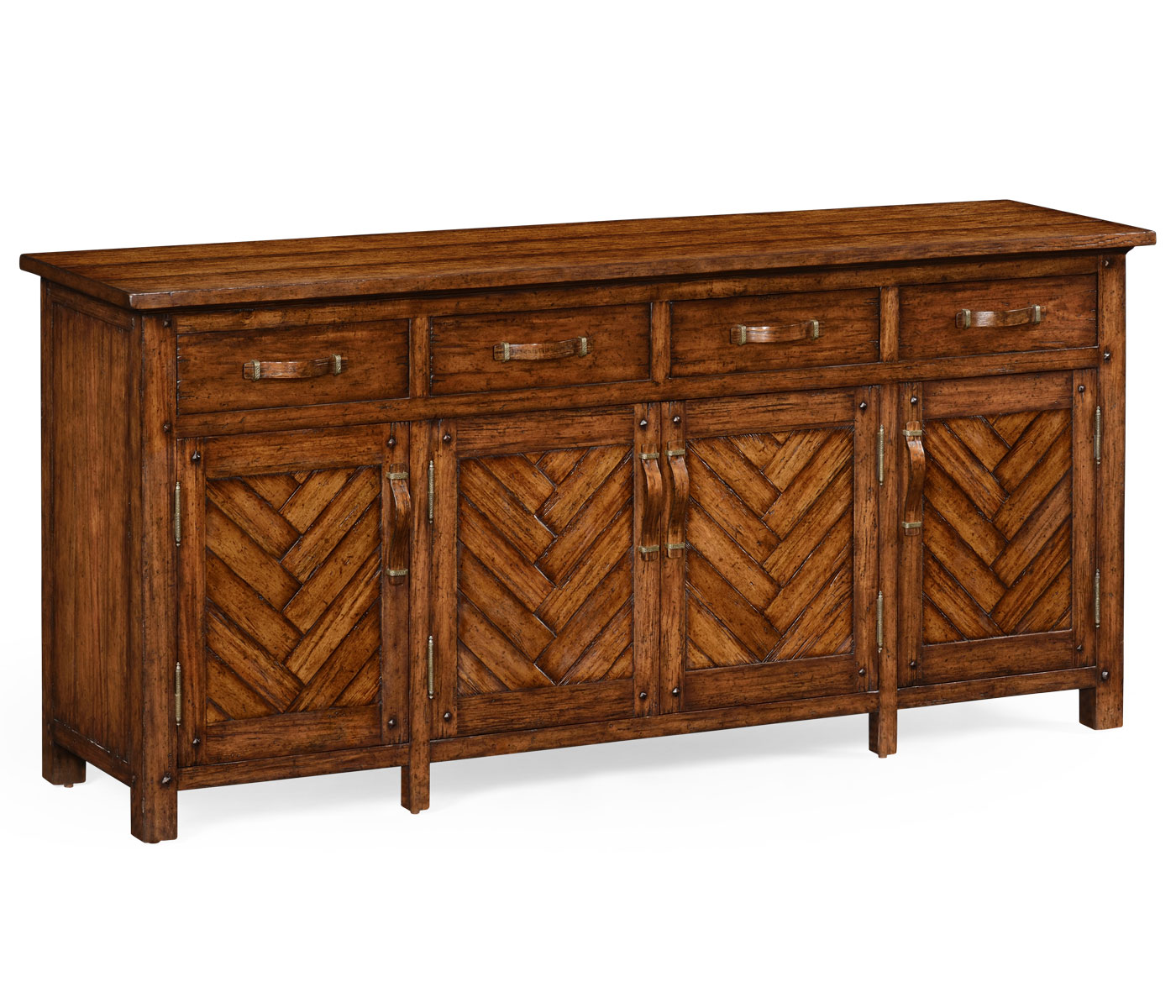 Heavily distressed parquet sideboard with strap handles