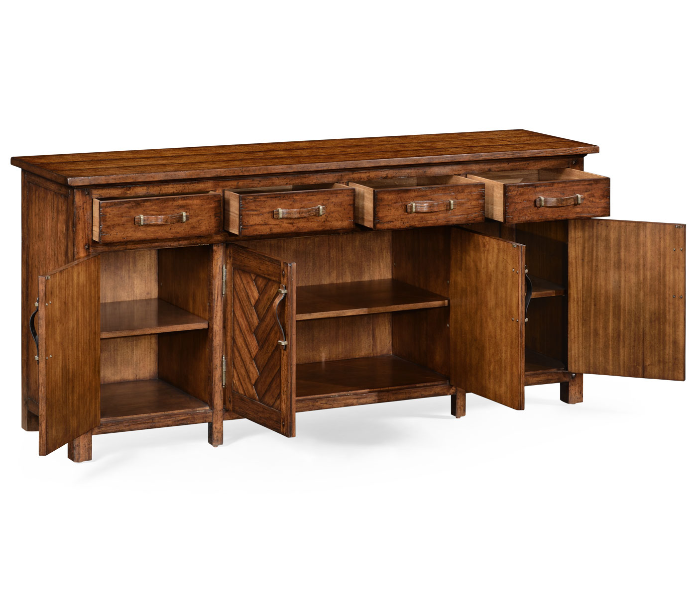 Heavily distressed parquet sideboard with strap handles