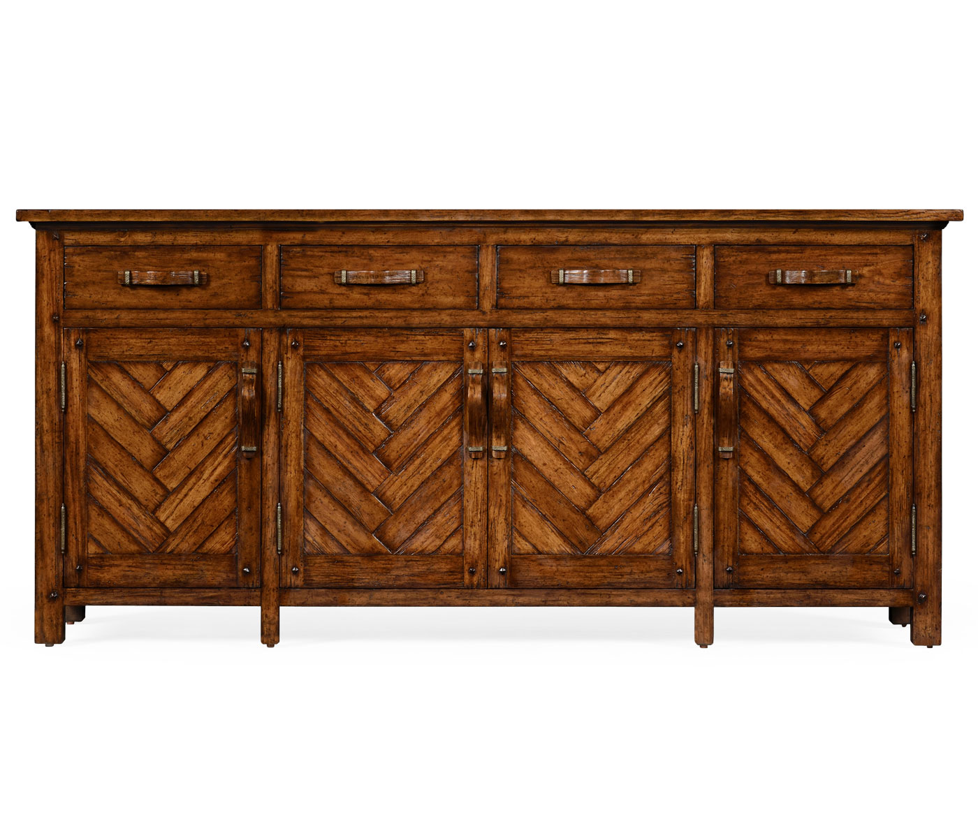 Heavily distressed parquet sideboard with strap handles
