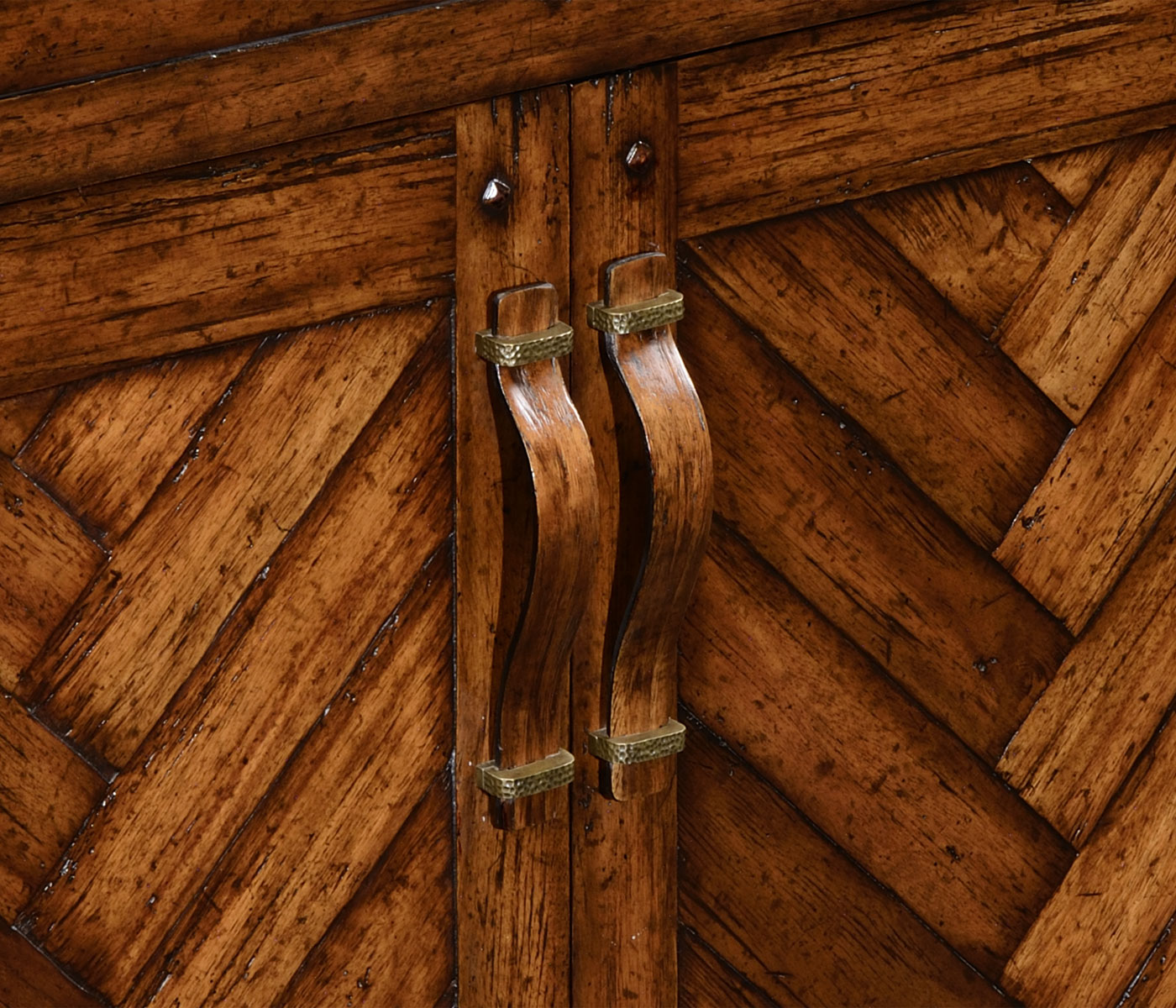 Heavily distressed parquet sideboard with strap handles