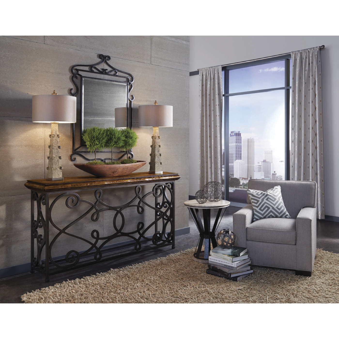 Width Rectangular Rustic Walnut Console with Wrought Iron Base 72