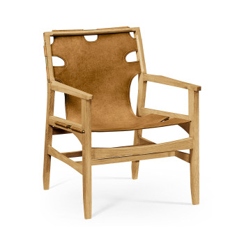 Midcentury Style Slung Medium Antique Chestnut Leather & Light Oak Easy Chair