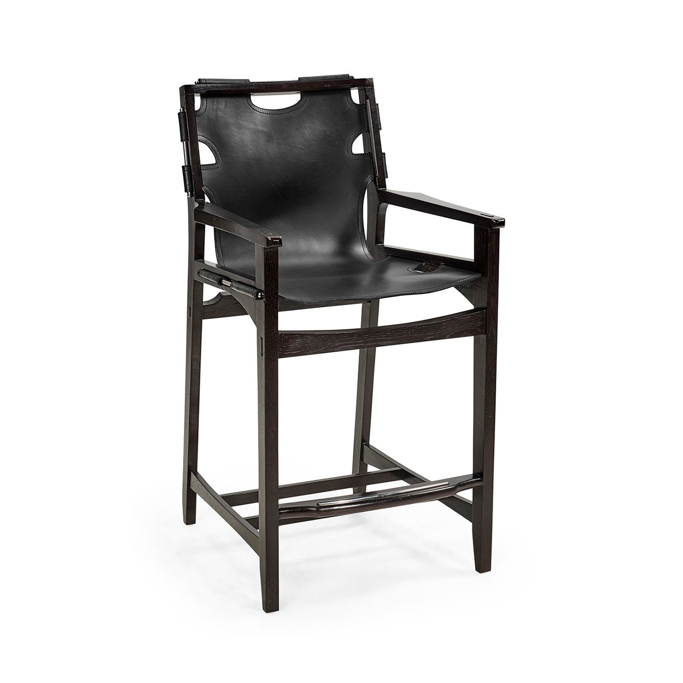 Midcentury Style Slung Black Leather & Black Mocha Oak Counter Stool