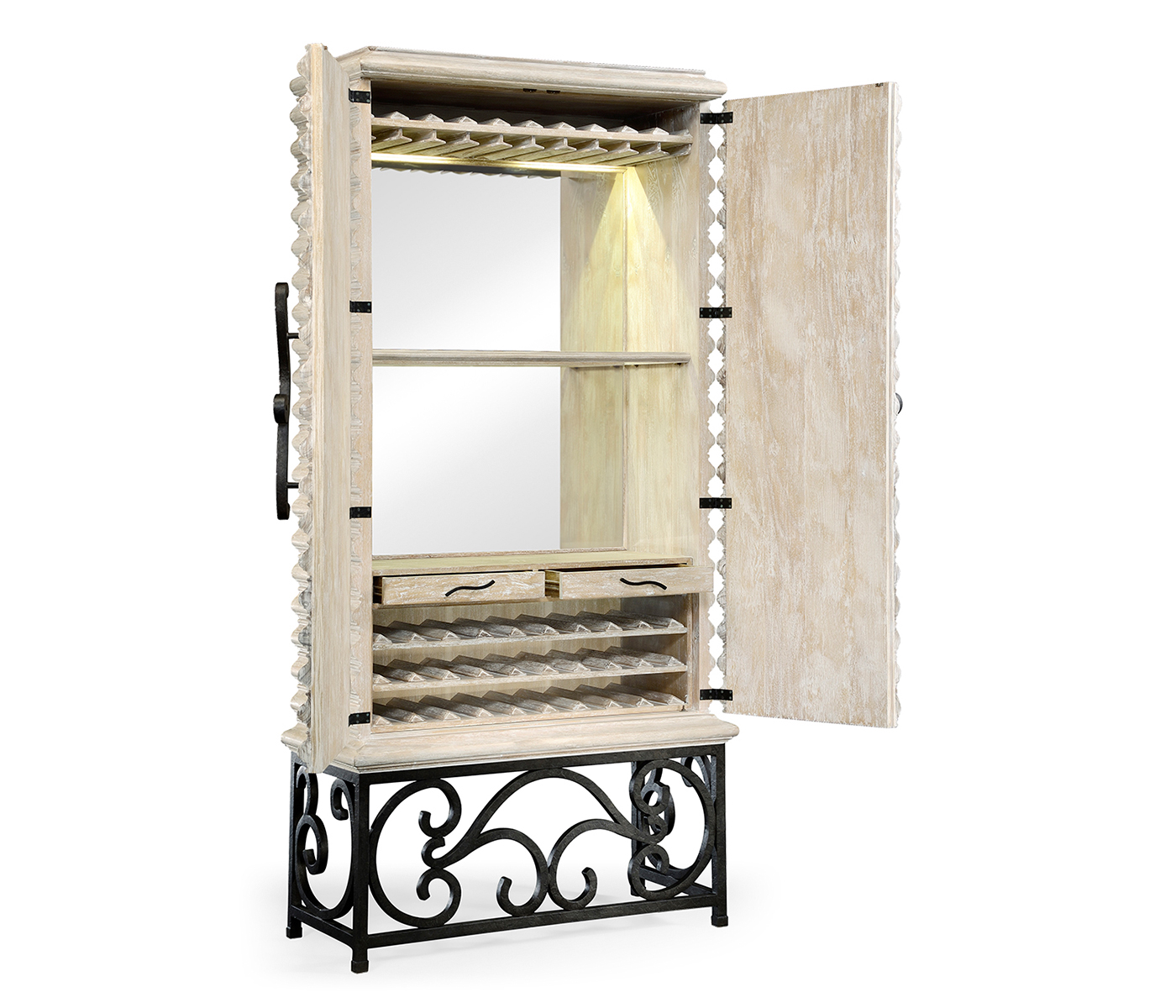 Limed Wood Wine Cabinet with Wrought Iron Base