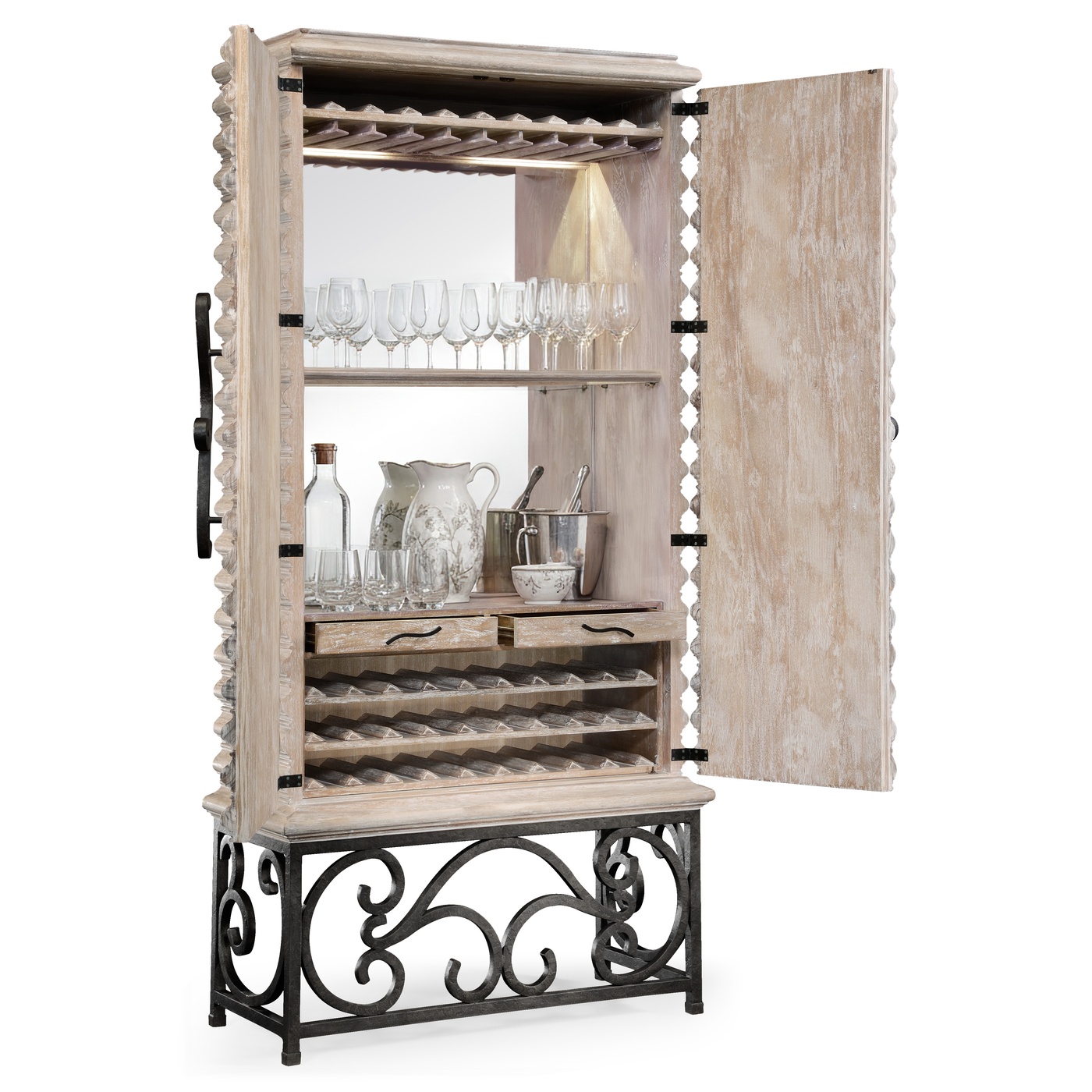 Limed Wood Wine Cabinet with Wrought Iron Base