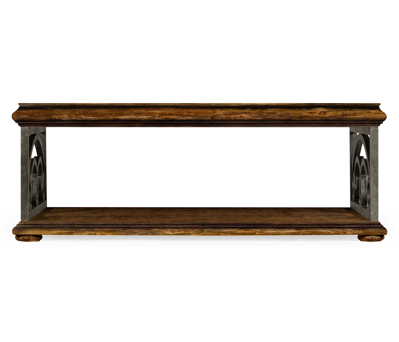Rustic Walnut Coffee Table with Wrought Iron Base