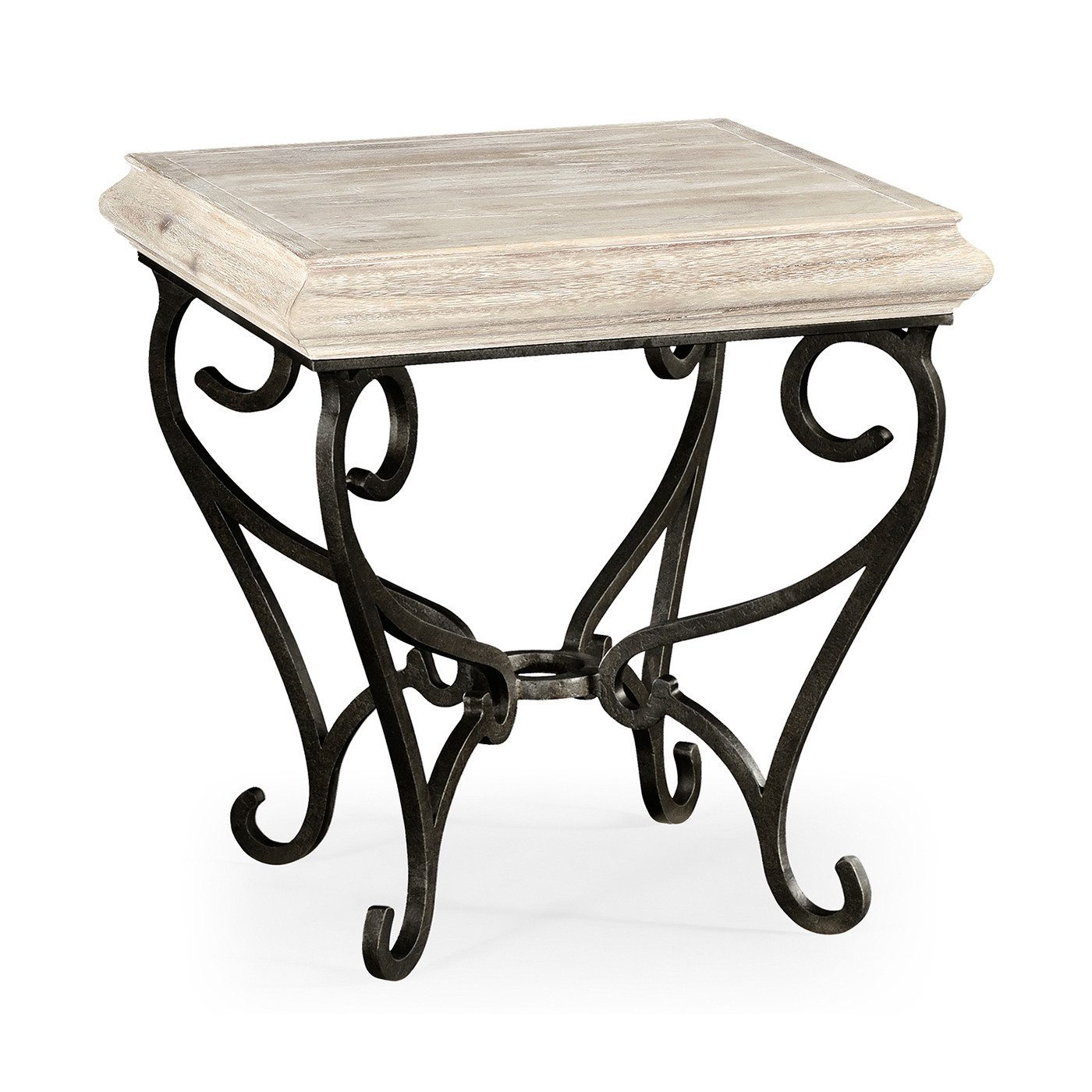 Limed Wood Square Side Table with Wrought Iron Base