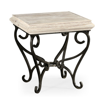 Limed Wood Square Side Table with Wrought Iron Base
