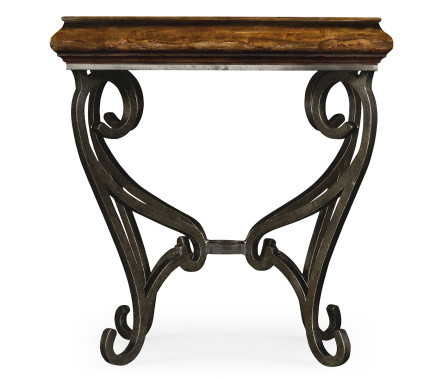 Rustic Walnut Square Side Table with Wrought Iron Base