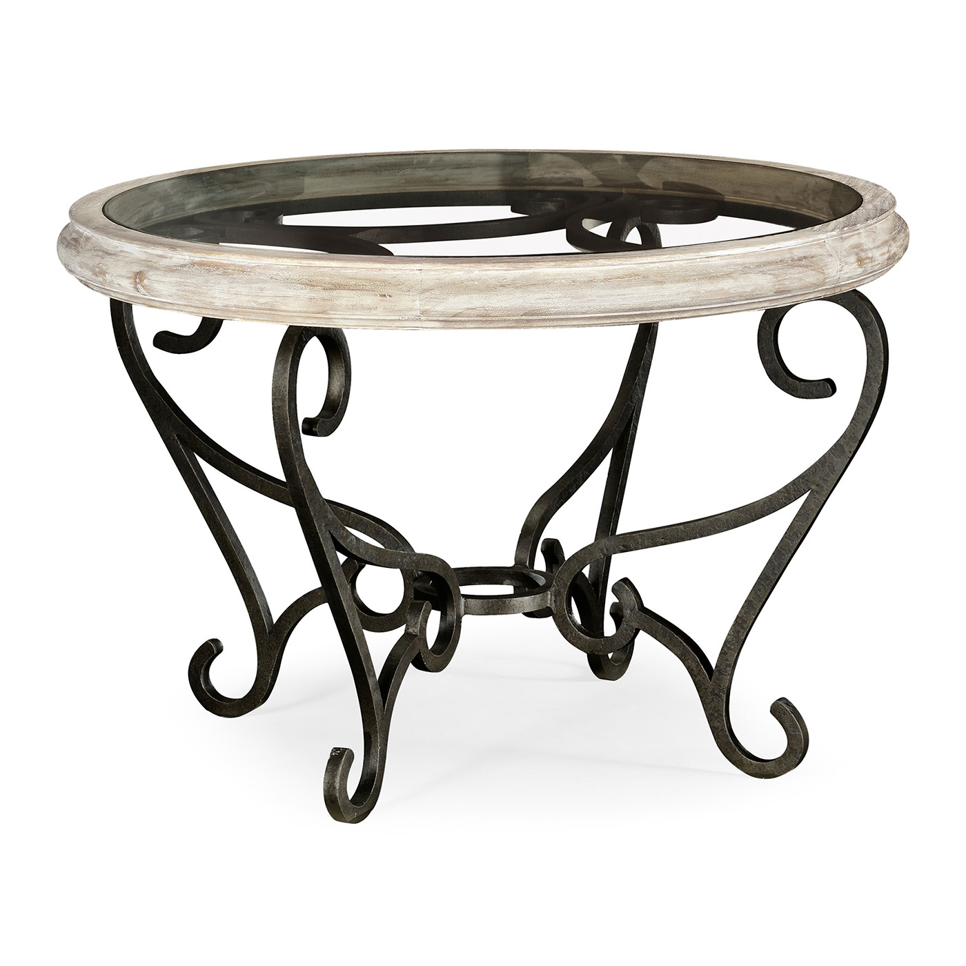 Limed Wood and Glass Top Centre Table with Wrought Iron Base