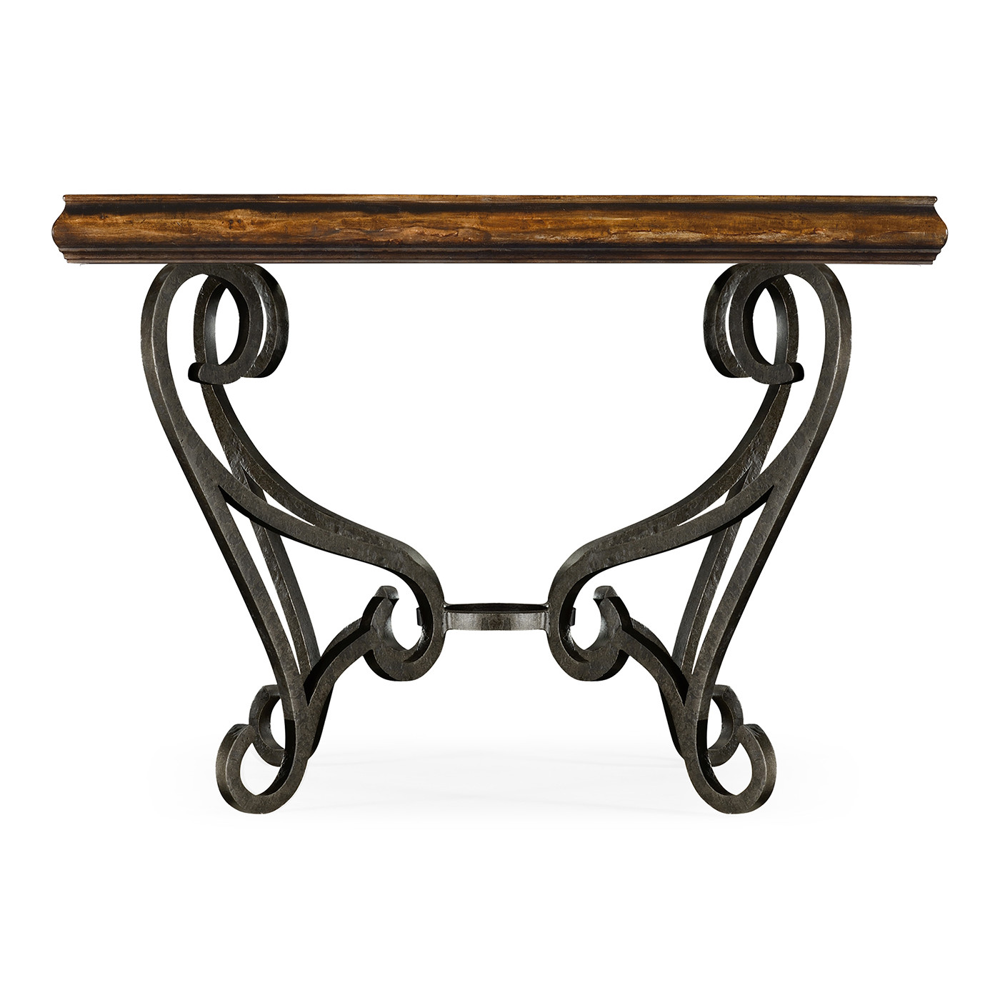 Rustic Walnut and Glass Top Centre Table with Wrought Iron Base