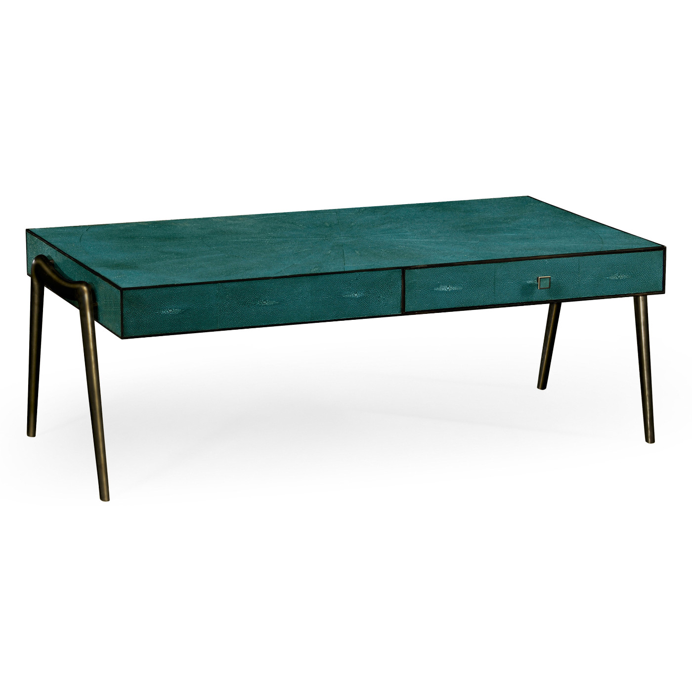 Teal Faux Shagreen and Bronze Legged Coffee Table