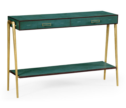 Teal Faux Shagreen and Brass Legged Console