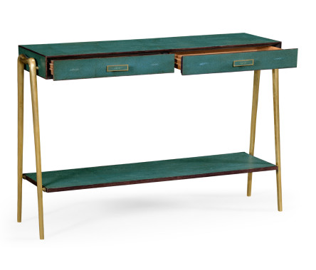 Teal Faux Shagreen and Brass Legged Console