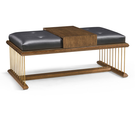 Camden Walnut Cocktail Ottoman with Tray, Upholstered in Black Leather