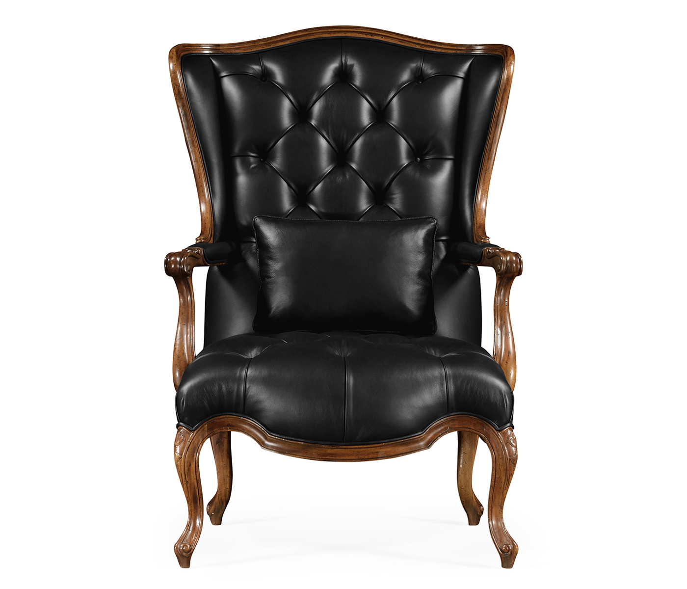 Wing-backed chair in black leather