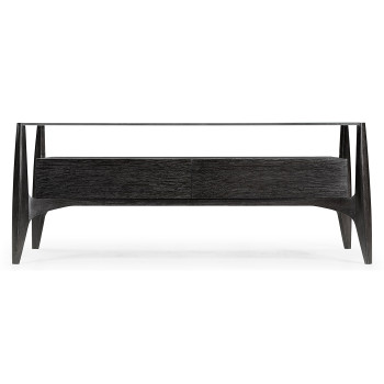 Architects Black Leather & Black Mocha Oak Cocktail Table with Drawers and Glass Top