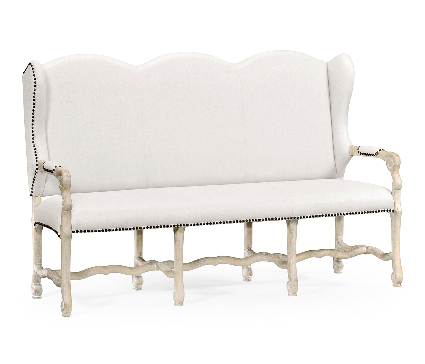 Three–seater bench in Limed Acacia, upholstered in COM