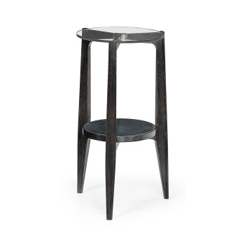 Architectural Round Black Leather & Black Mocha Oak End Table with Glass Top
