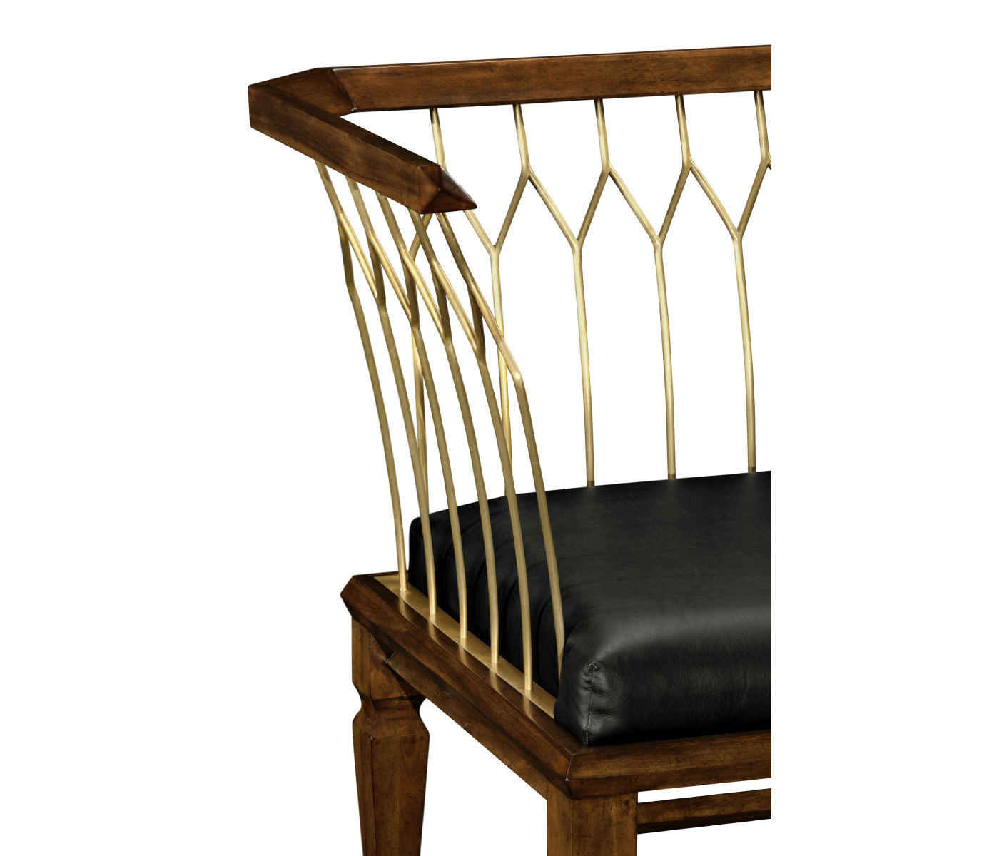 Contemporary Walnut & Brass Bench, Upholstered in Black Leather