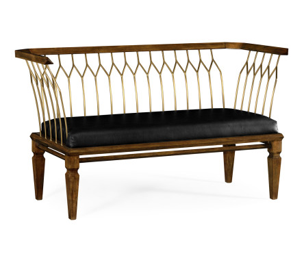 Contemporary Walnut & Brass Bench, Upholstered in Black Leather