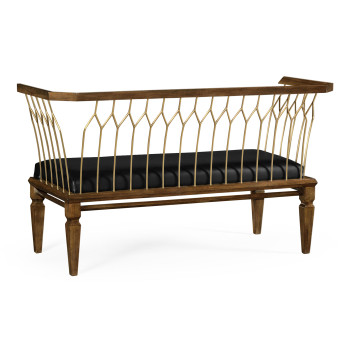Contemporary Walnut & Brass Bench, Upholstered in Black Leather