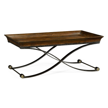 Brown mahogany coffee table with antique iron base
