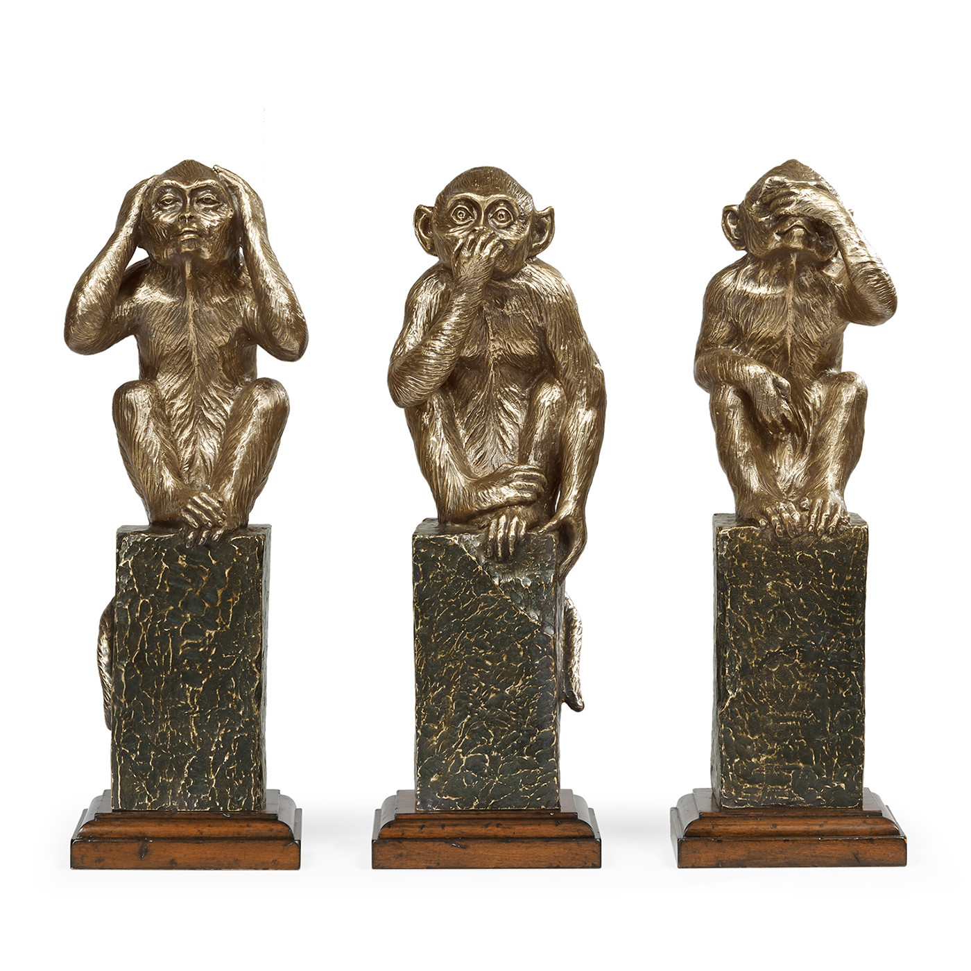 Three Antique Light Brown Brass Wise Monkeys