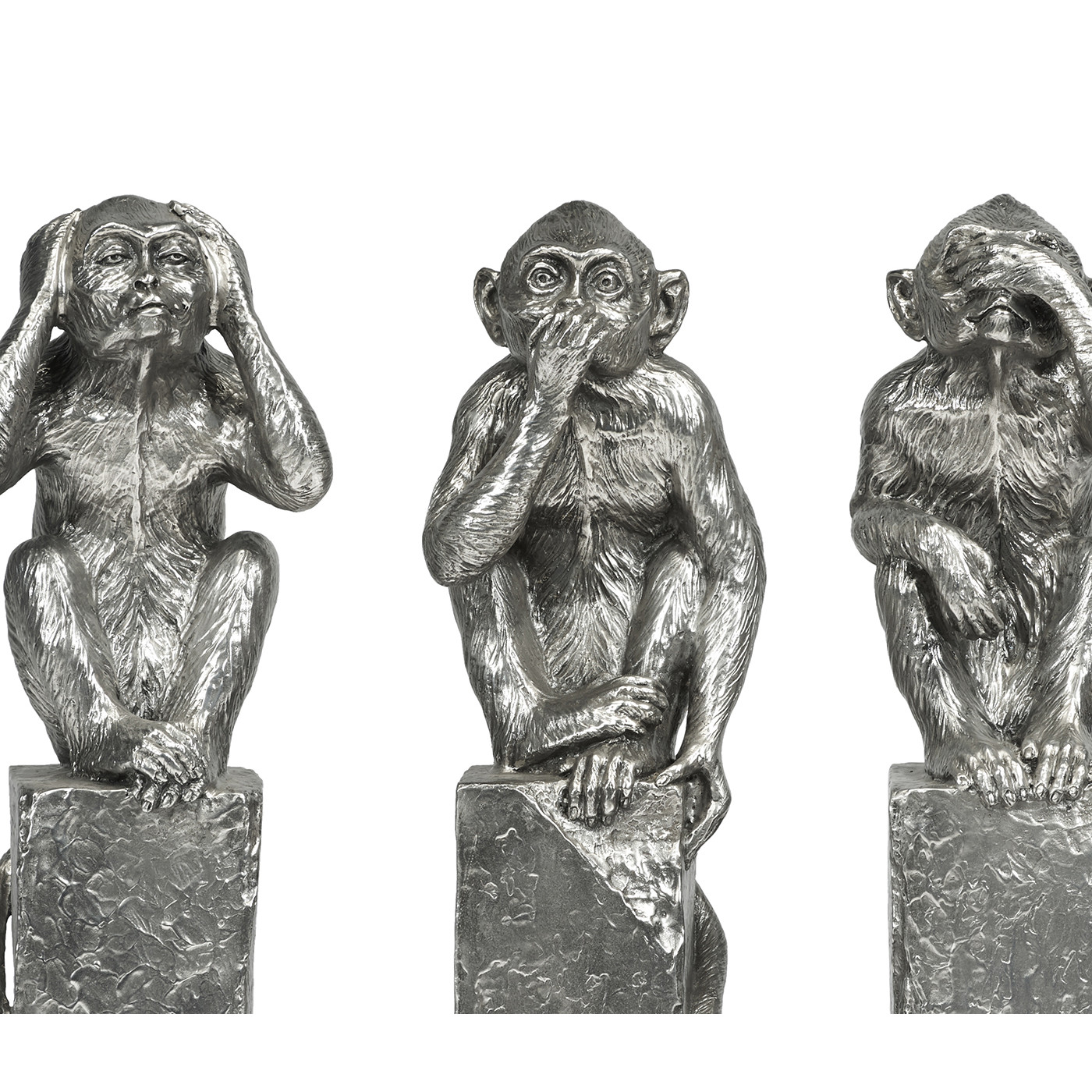 Three White Stainless Steel Wise Monkeys