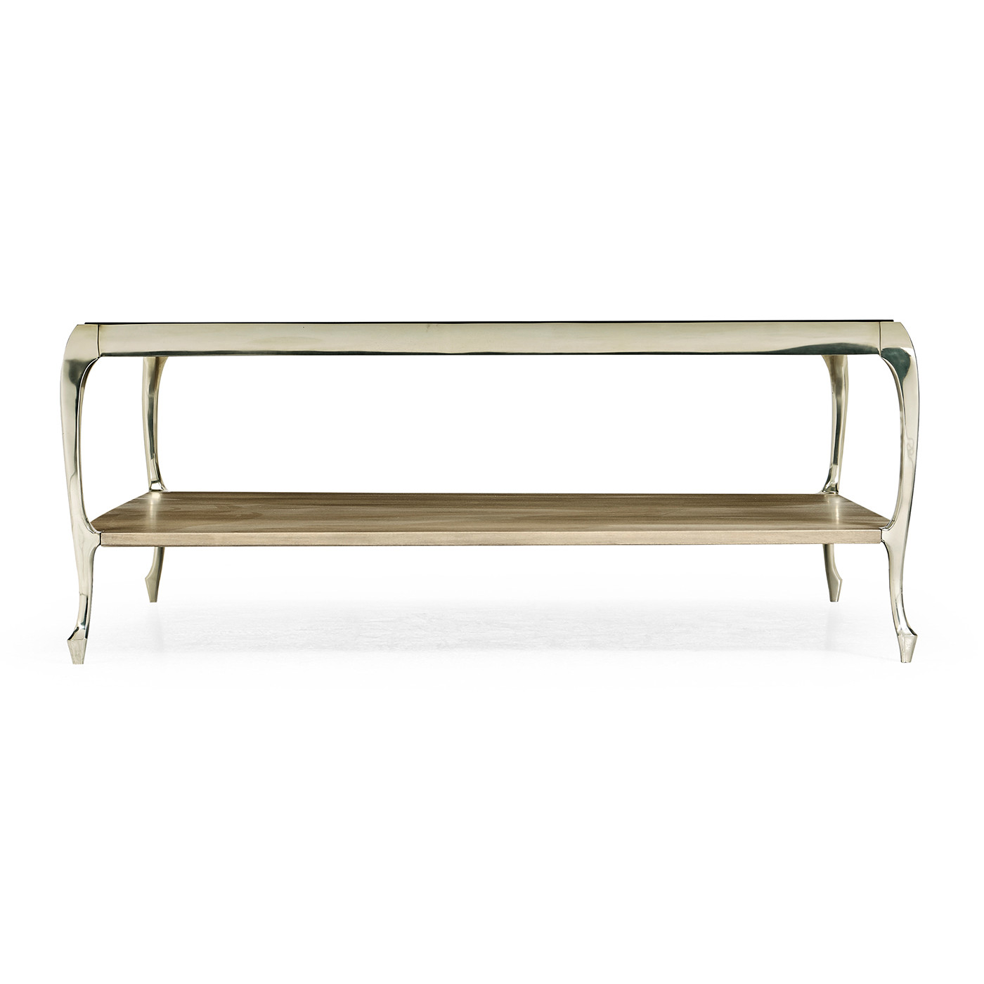Square Rivoli Walnut & White Stainless Steel Cocktail Table with Clear Glass Top