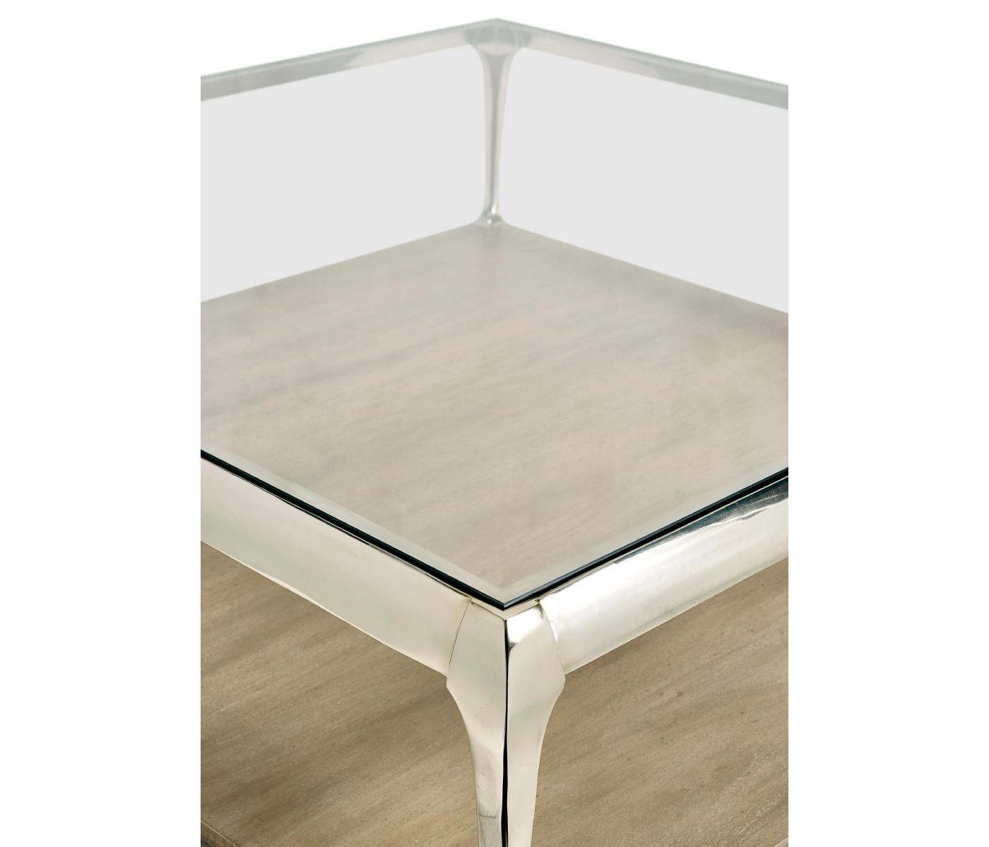Square Rivoli Walnut & White Stainless Steel Cocktail Table with Clear Glass Top