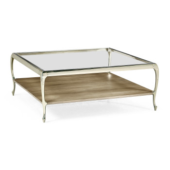 Square Rivoli Walnut & White Stainless Steel Cocktail Table with Clear Glass Top
