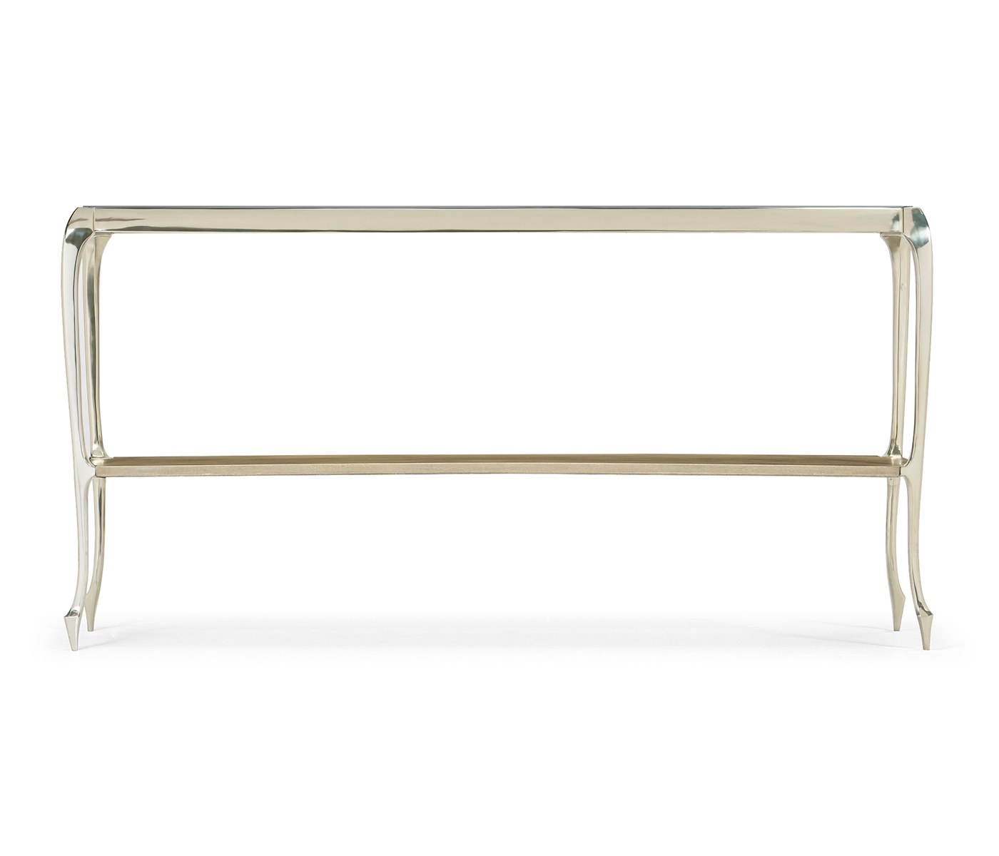 Narrow Rivoli Walnut & White Stainless Steel Console Table with Clear Glass Top