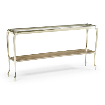 Narrow Rivoli Walnut & White Stainless Steel Console Table with Clear Glass Top