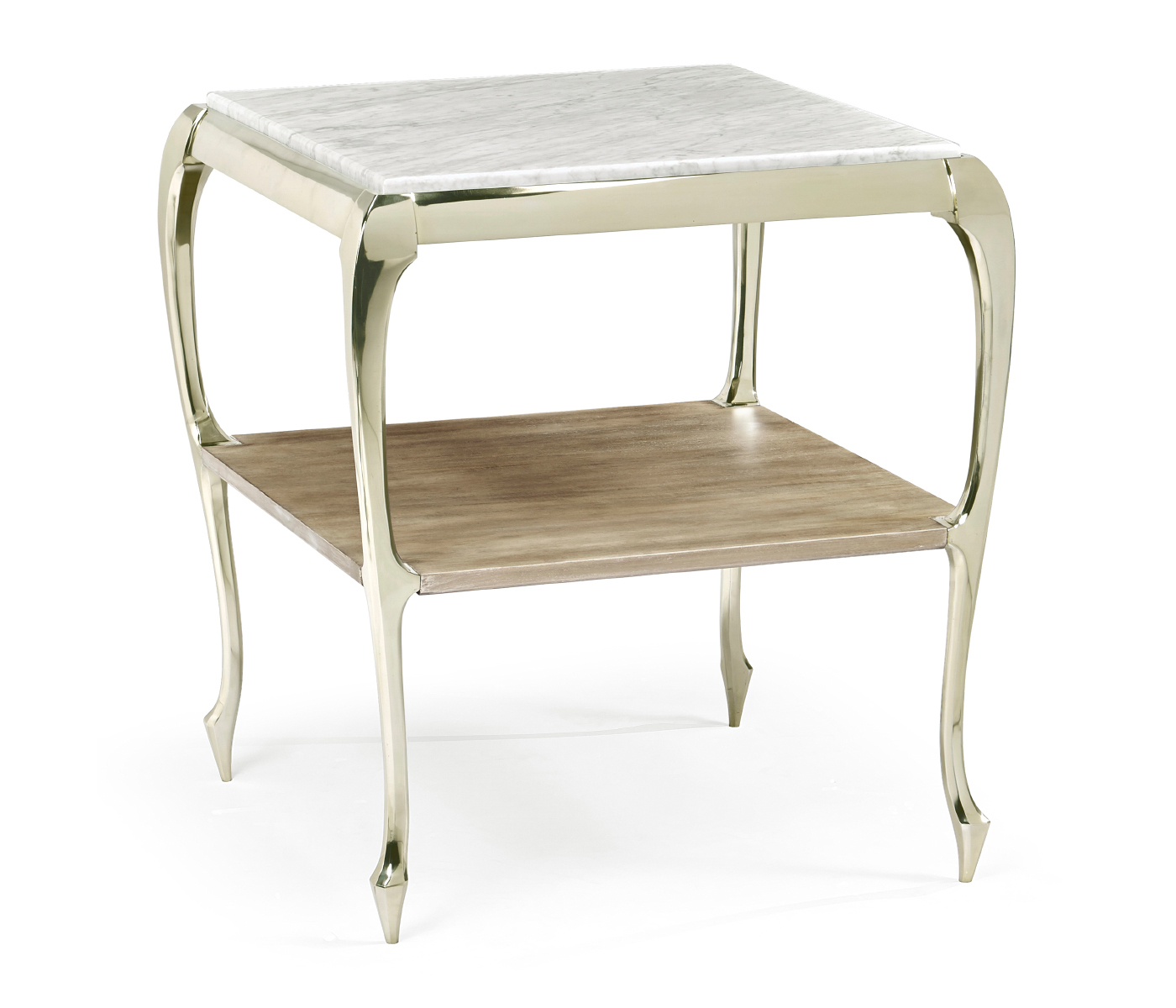 Square Rivoli Walnut & White Stainless Steel End Table with White Carrara Marble Top